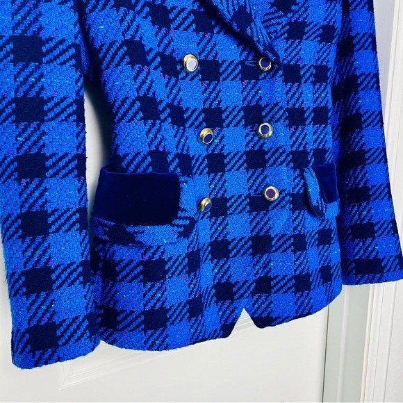 VTG Escada by Margaretha Ley Blue Checked Flecked Wool Double Breasted Blazer 10 - Picture 11 of 14